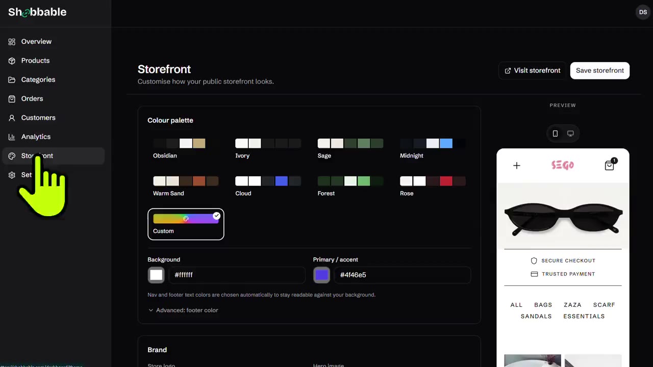 Editing a store's colour palette and viewing the live preview, then visiting the finished storefront