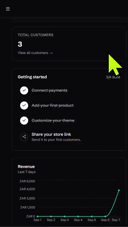 Browsing the Shobbable dashboard: customers, getting-started checklist, and revenue for the last 7 days